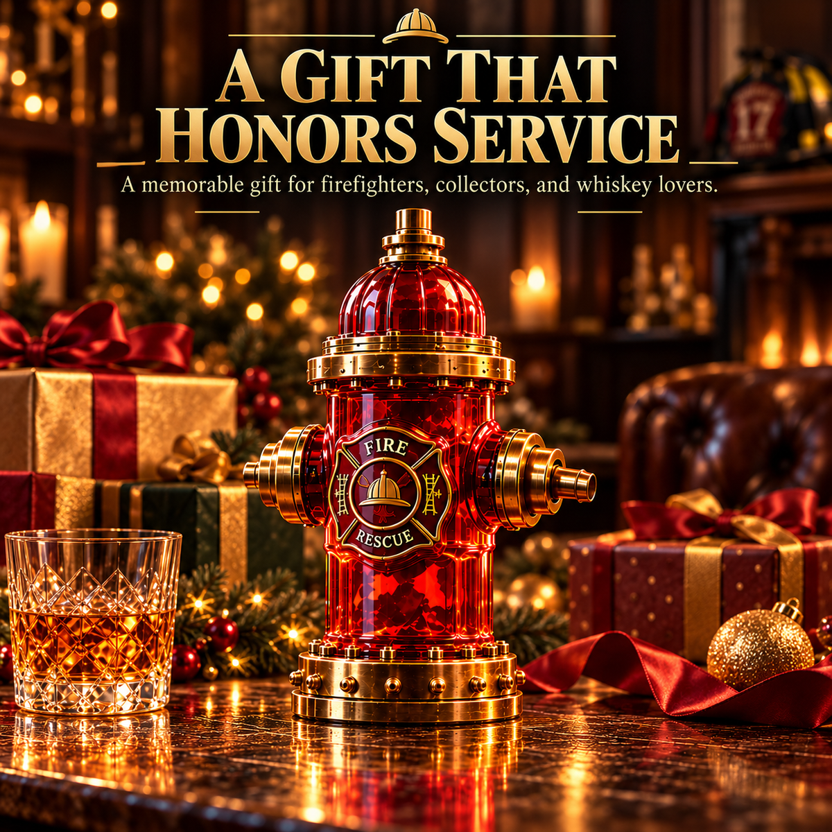 Red and gold-tone firefighter tribute decanter arranged with decorative gift boxes and holiday ornaments
