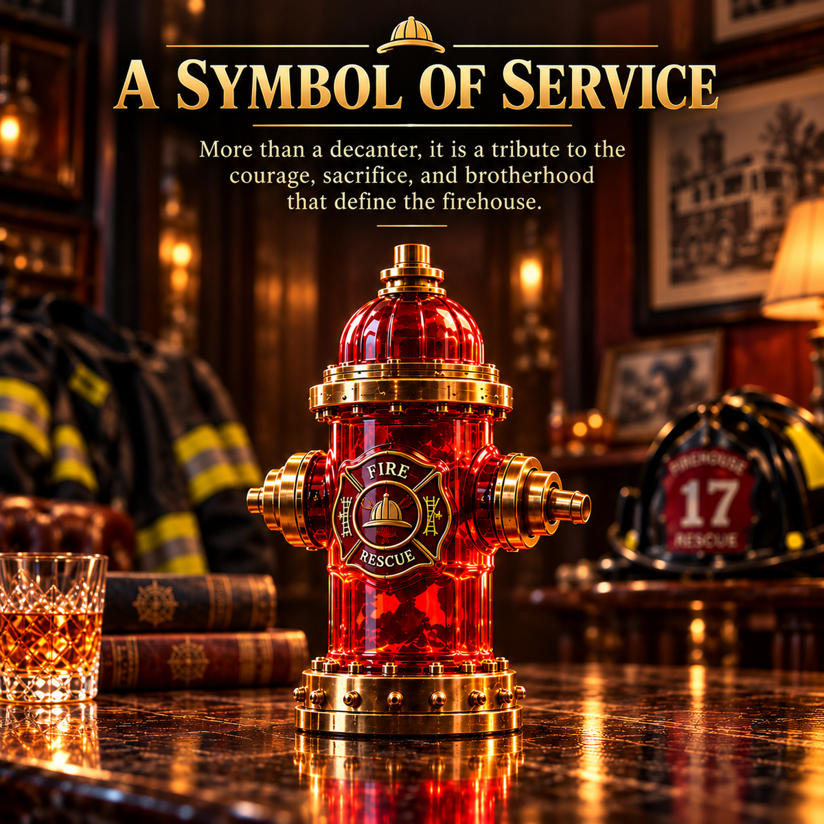 Red and gold firefighter hydrant decanter close-up