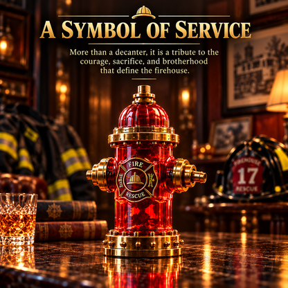 Red and gold firefighter hydrant decanter close-up