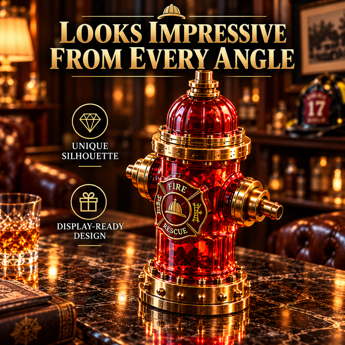 Firefighter tribute decanter shown from different angles