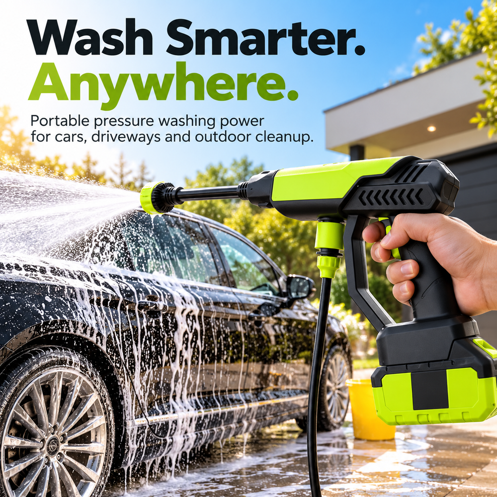 Cordless pressure washer cleaning a black car