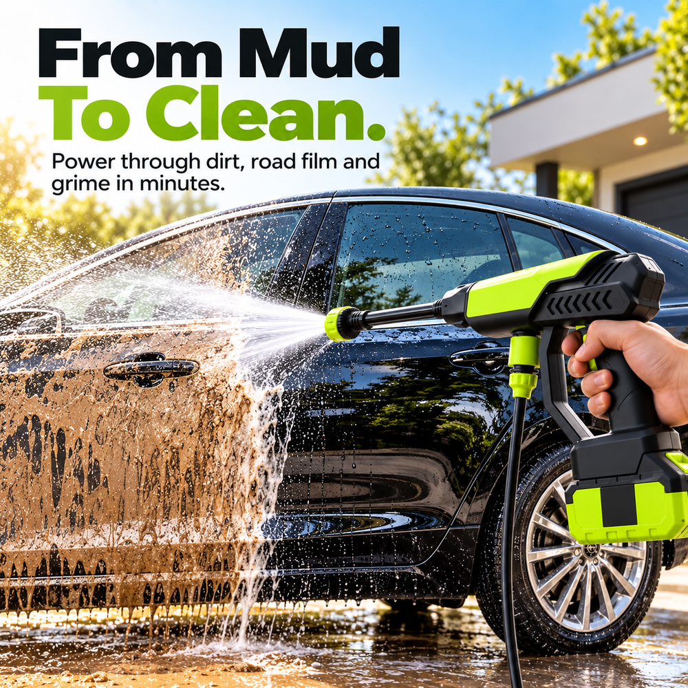 Cordless water spray rinsing mud from vehicle