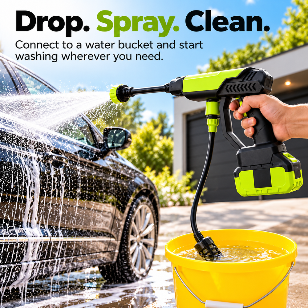 Portable washer drawing water from a yellow bucket