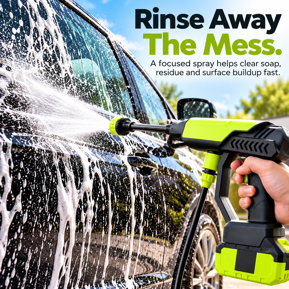 Cordless washer rinsing soap from a black car