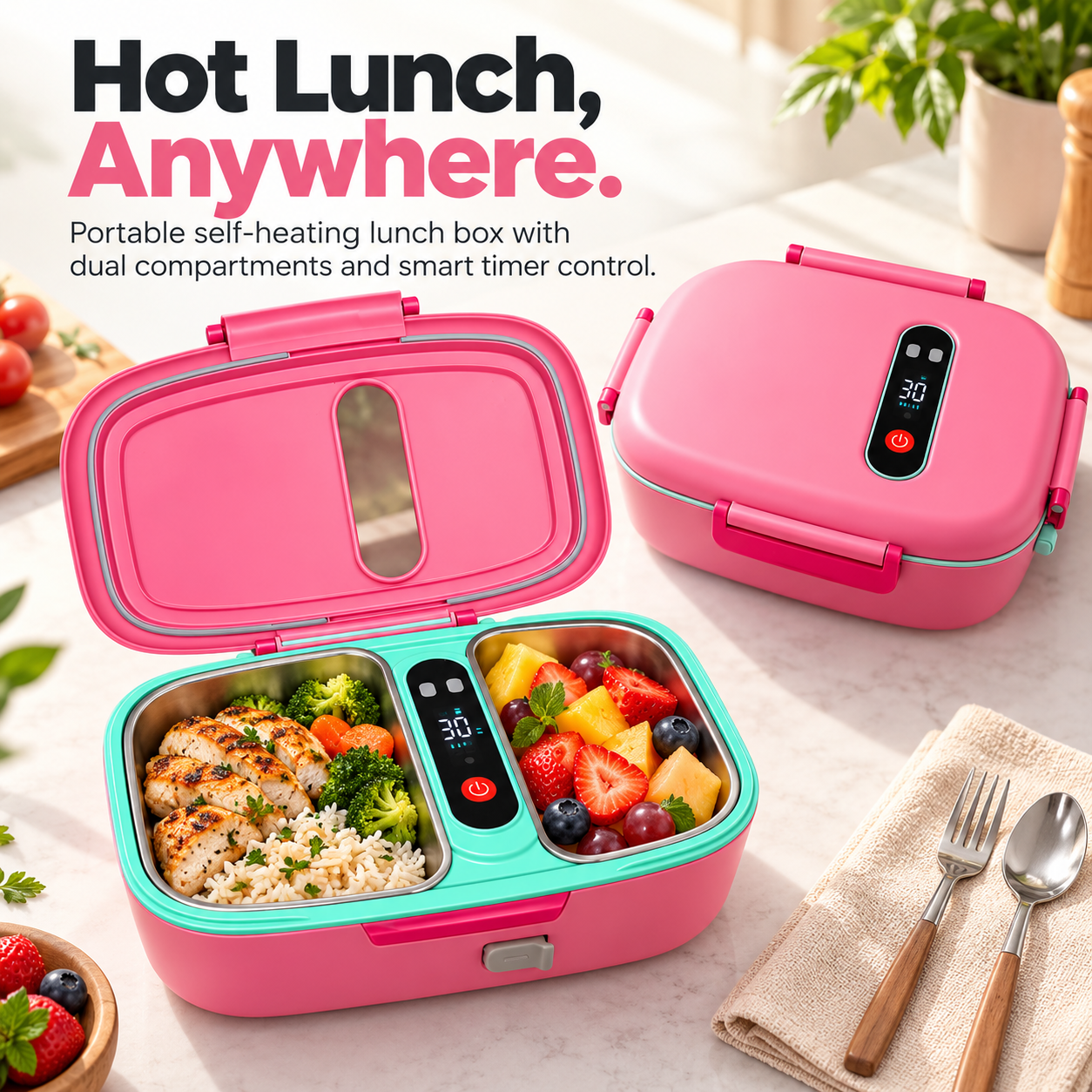 Pink self-heating lunch box with two food compartments
