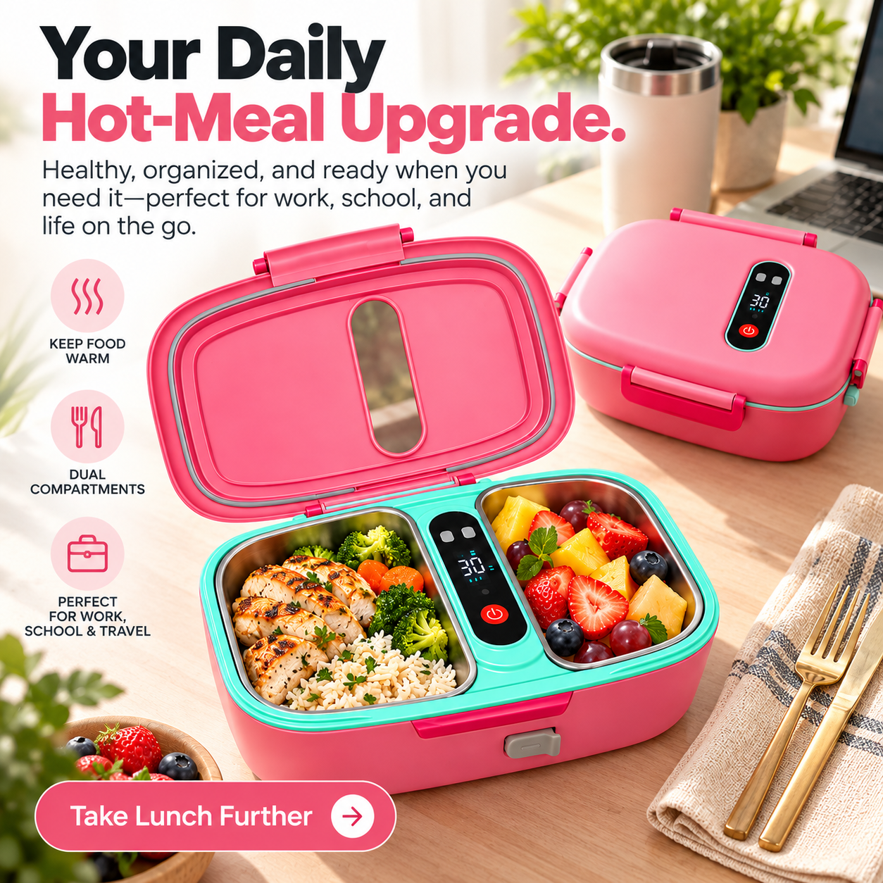 Portable heated lunch box with a freshly prepared balanced meal