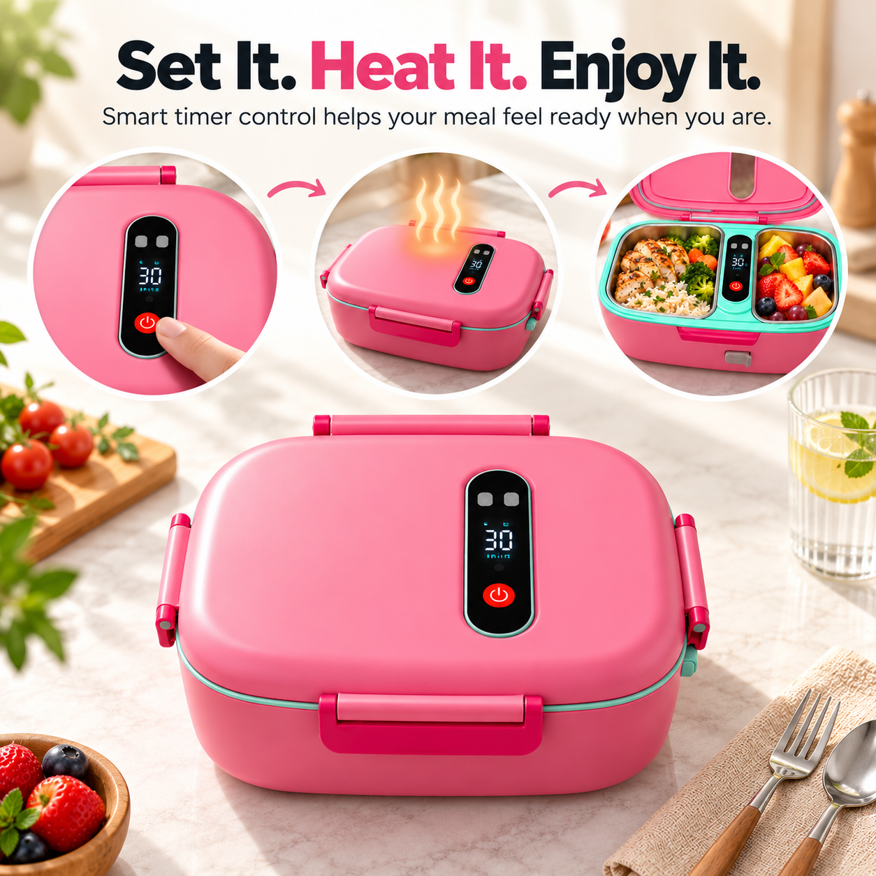Digital heating controls on the pink electric lunch box
