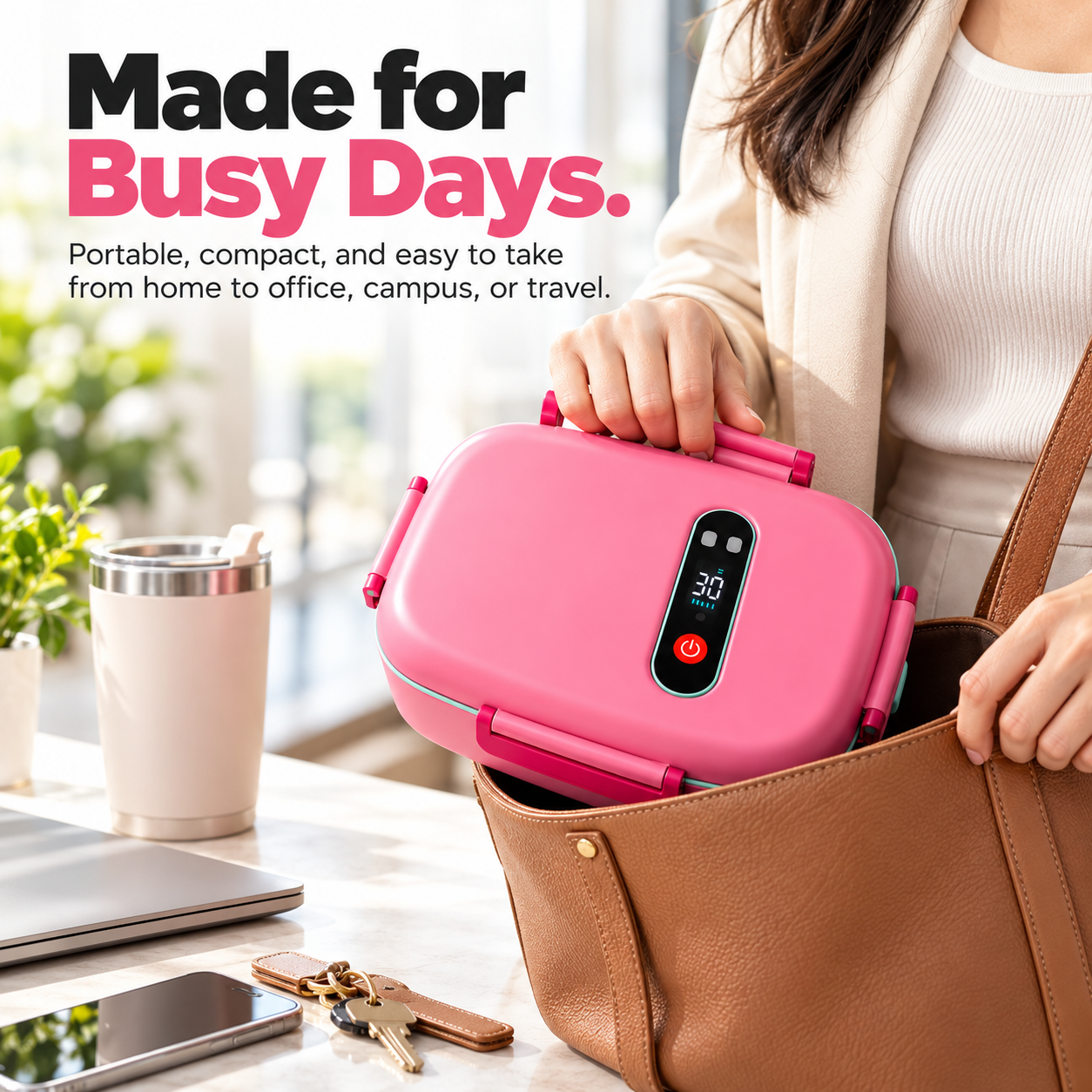 Woman packing portable pink heated lunch box into a tote bag