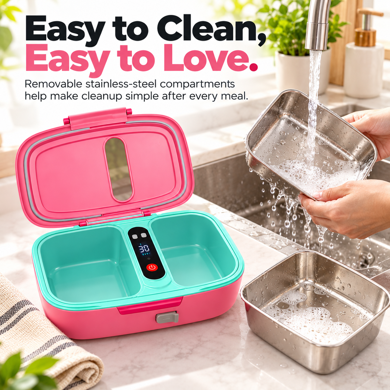 Removable stainless-steel food containers being washed in a sink