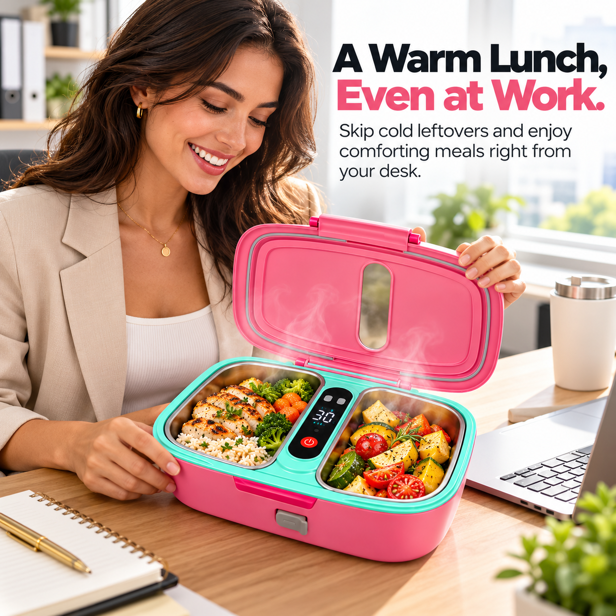Woman enjoying lunch from a pink heated lunch box at her office desk