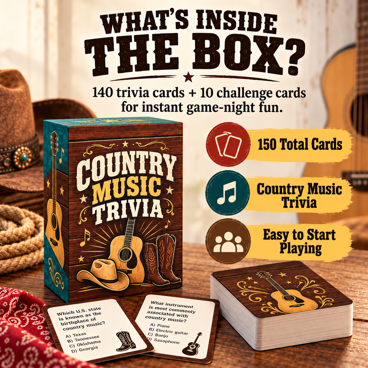 Country Music Trivia 140 trivia cards and 10 challenge cards