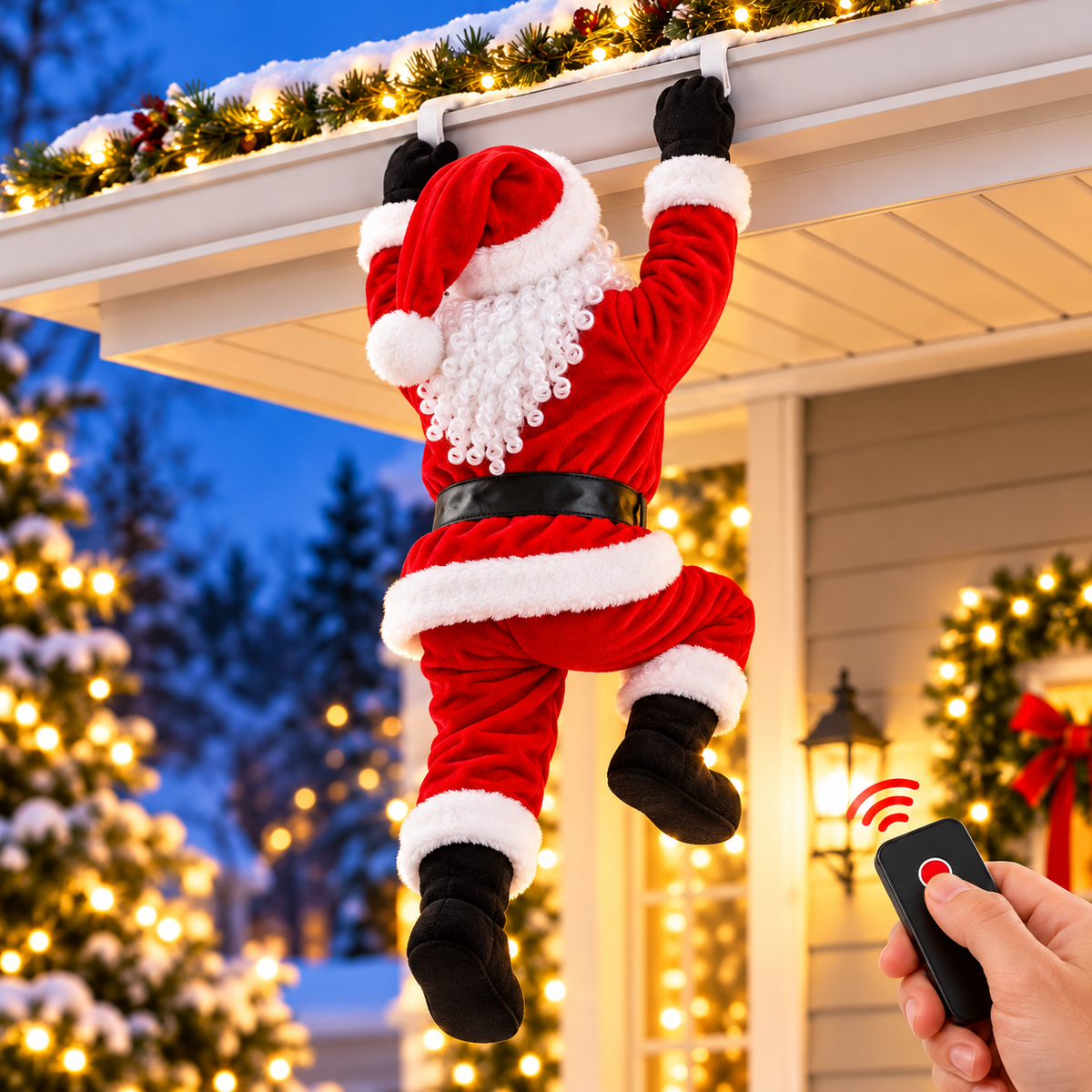 Remote-controlled Santa hanging at a decorated roof gutter in an animated climbing pose