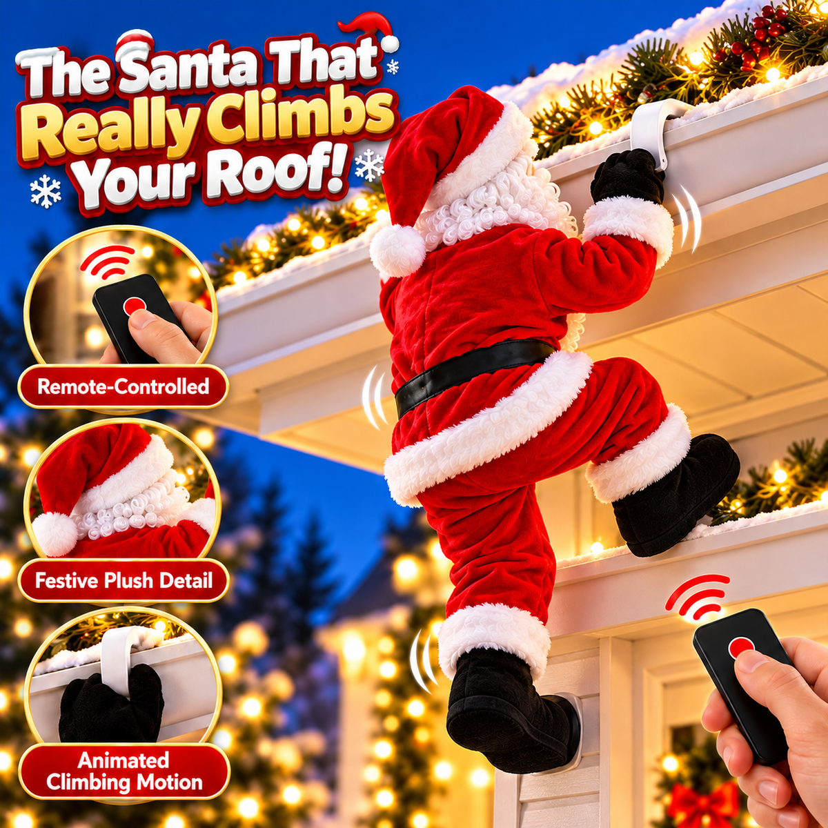 Illustrated product features showing Santa's plush costume, roofline hanging pose and remote control