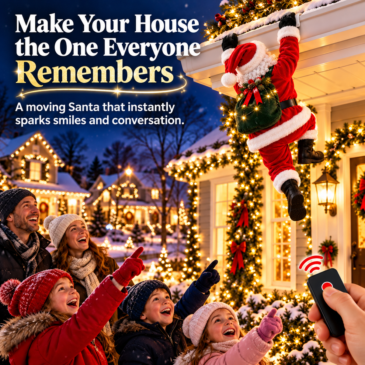 Promotional holiday scene with a family looking up at the animated climbing Santa decoration