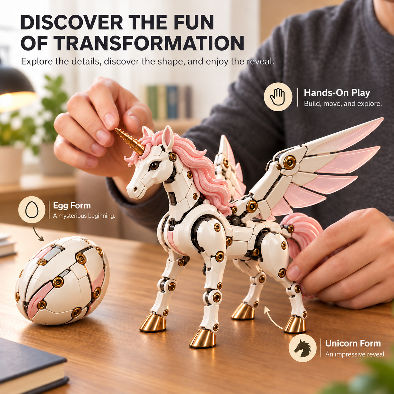 Hands exploring the winged unicorn figure with its egg configuration illustrated beside it