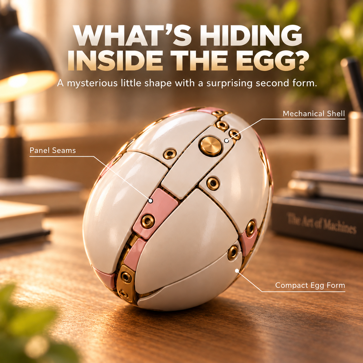 Close-up of the compact mechanical egg with segmented white panels and gold-colored details
