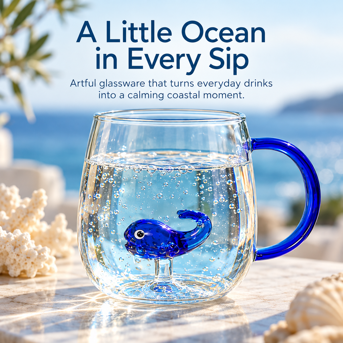 Blue whale glass mug with vibrant blue handle