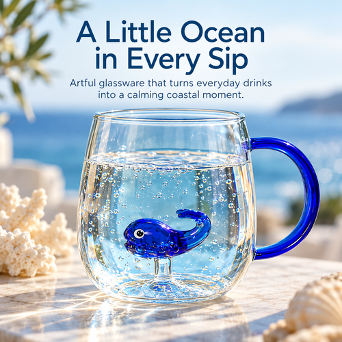 🌊✨ Ocean Magic™ Glass Mug – Adorable Blue Whale Cup 🐳