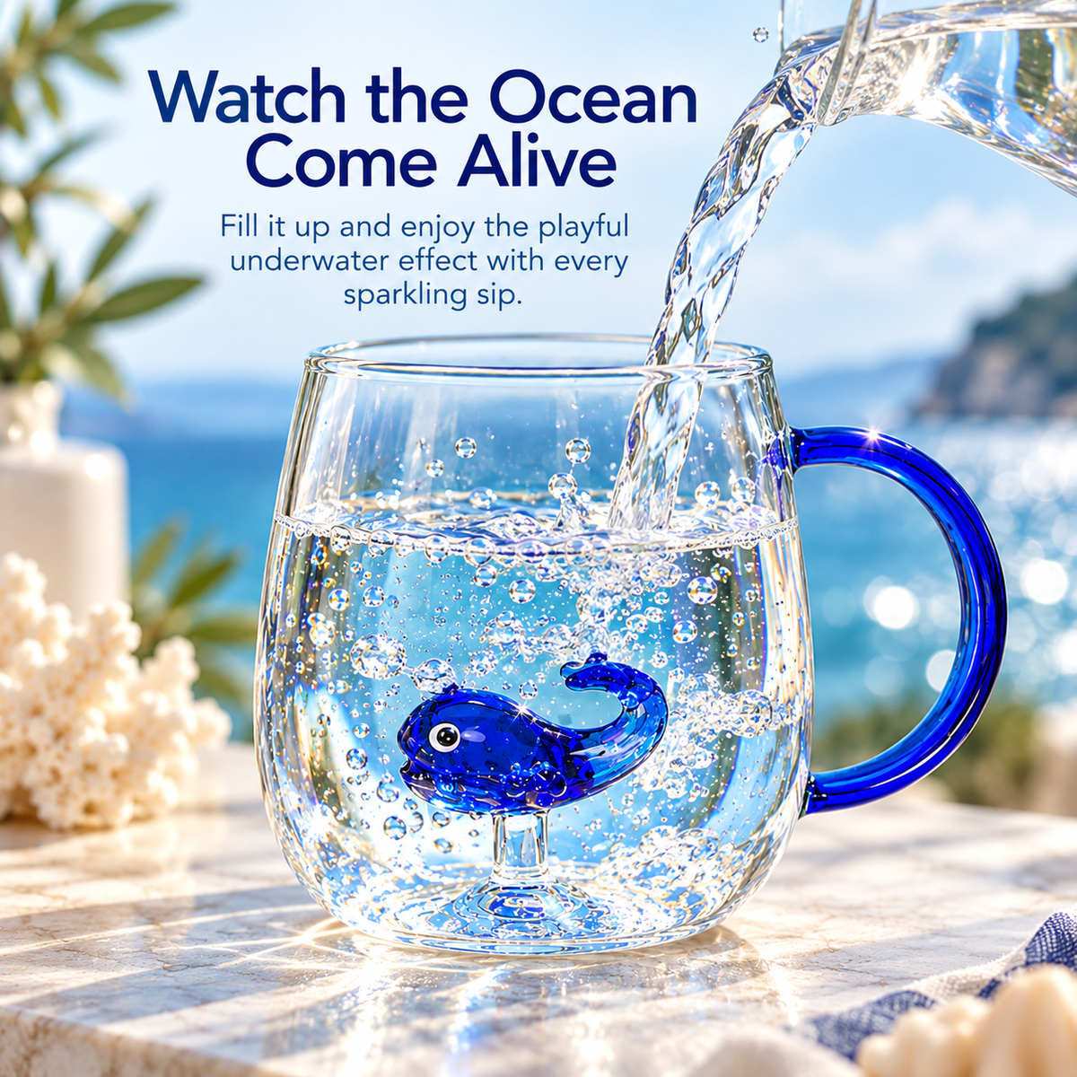 Water poured into blue whale glass mug