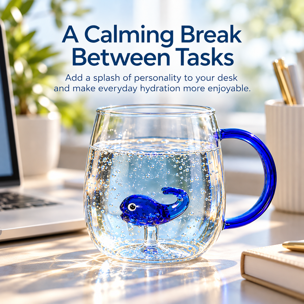 Blue whale mug on a work desk