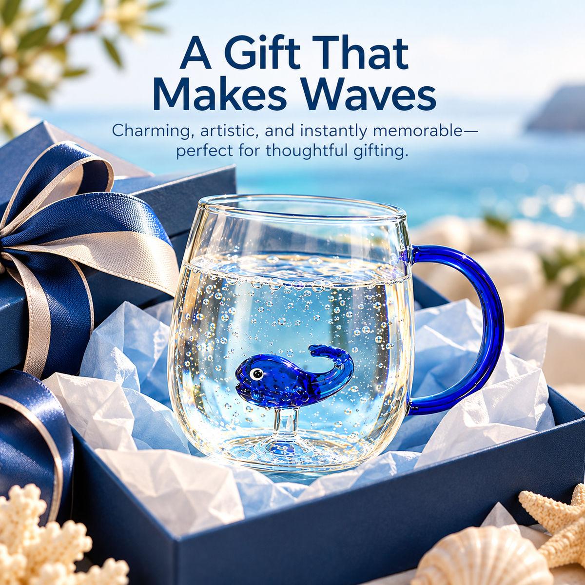 Whale glass mug styled as a gift