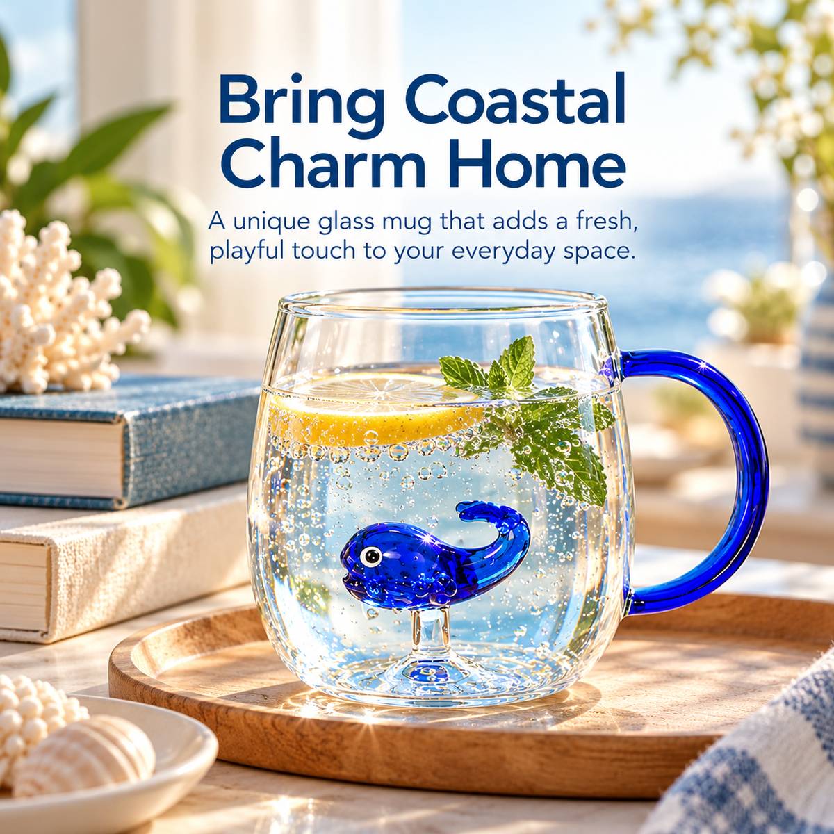 Whale glass mug in a relaxed coastal home setting