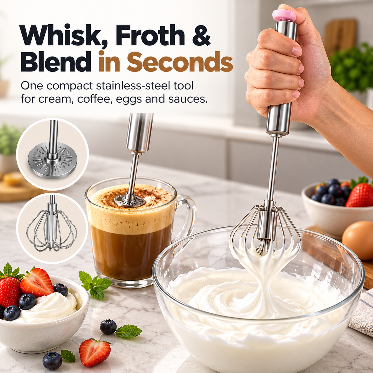 Stainless steel push whisk for cream, coffee and mixing