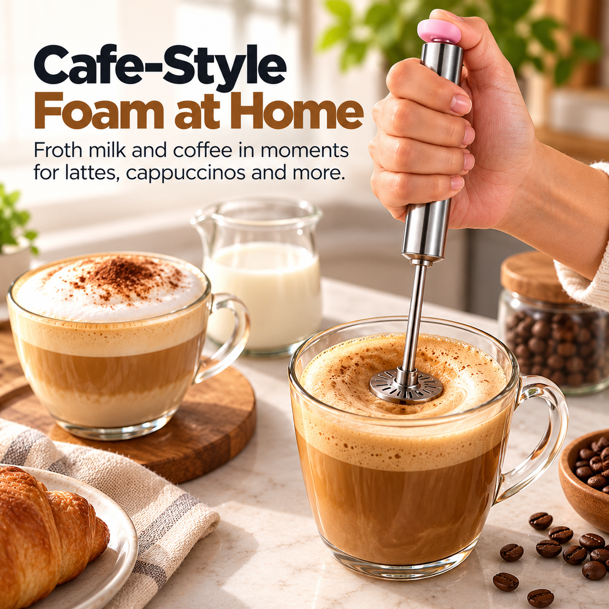 Hand push whisk creating foam for a coffee drink