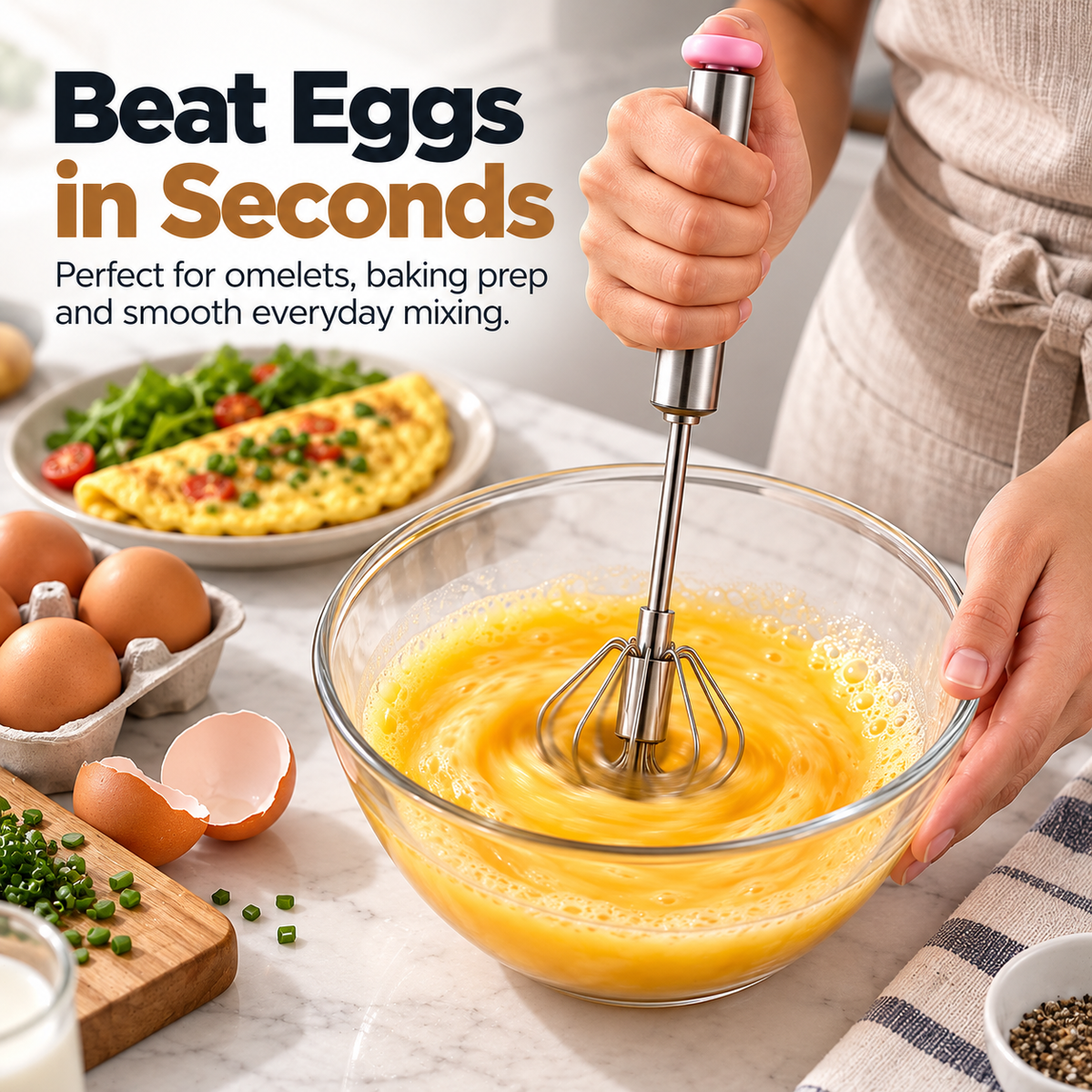 Handheld stainless steel whisk beating eggs in a mixing bowl