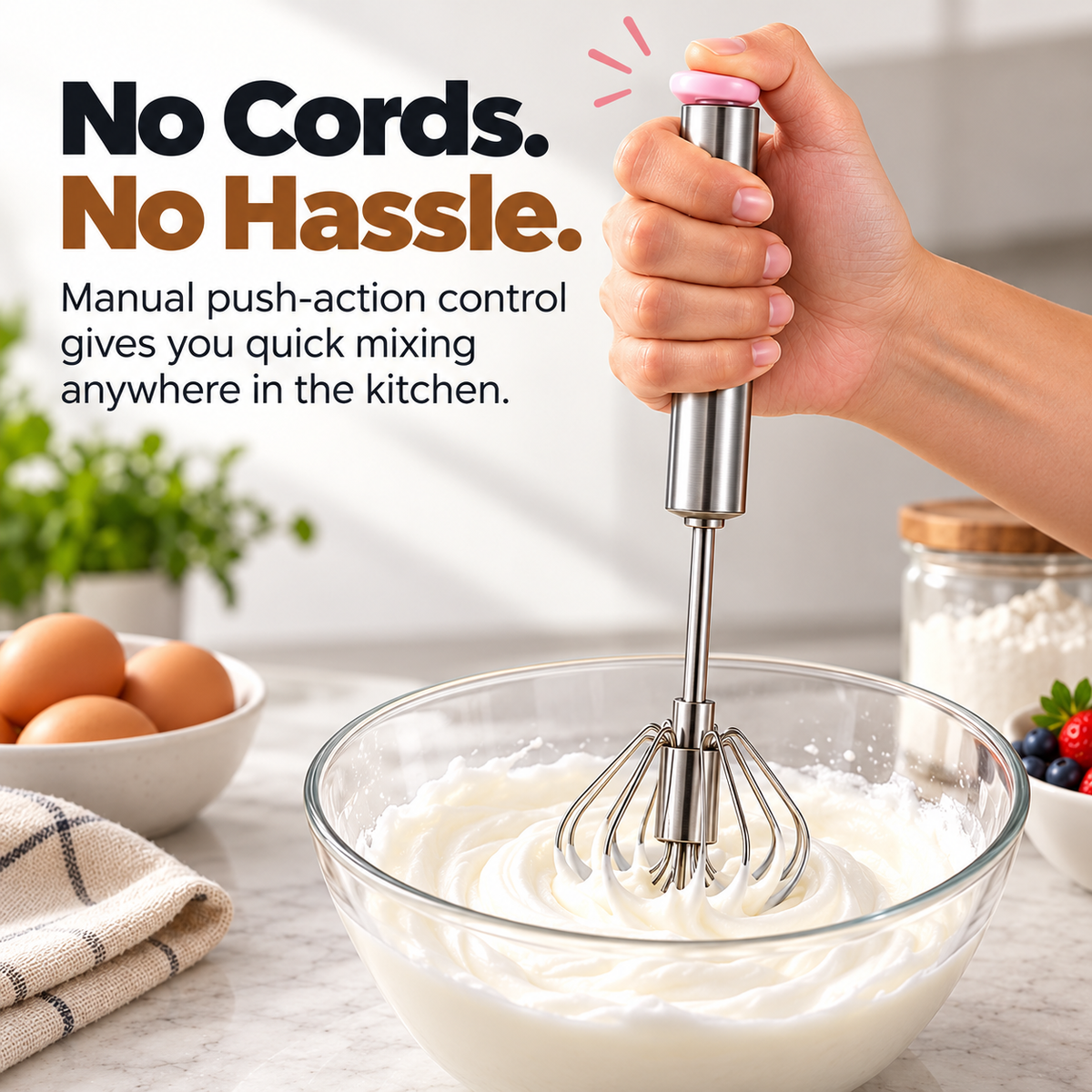 Manual push-button whisk operated by hand without a power cord