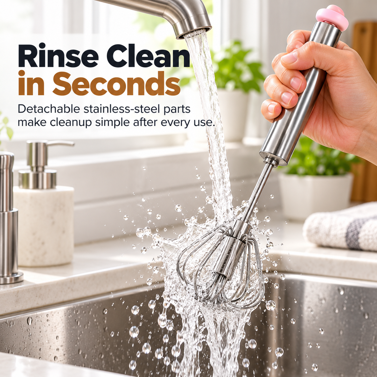Stainless steel push whisk being rinsed under a kitchen tap