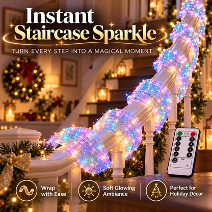 Multicolor LED ribbon lights wrapped around a holiday staircase