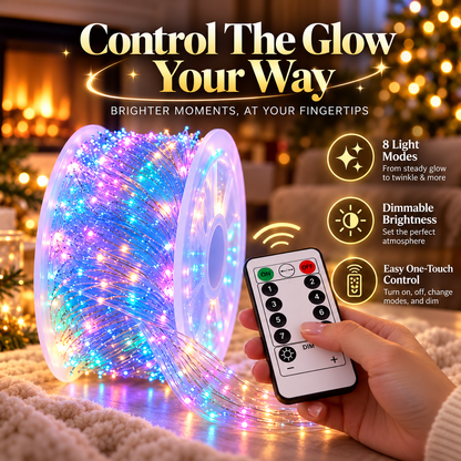 Remote control for LED fairy ribbon lights showing eight lighting modes and dimming