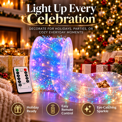 LED fairy ribbon sparkling beside Christmas gifts and festive decorations