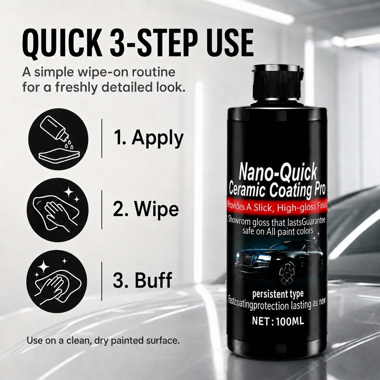 Automotive Nano Ceramic Coating Spray, Quick Ceramic Paint Protection for Cars & Motorcycles, High-Gloss Showroom Finish, Super Hydrophobic Water-Repellent Car Polish & Detailing Spray (100ML)