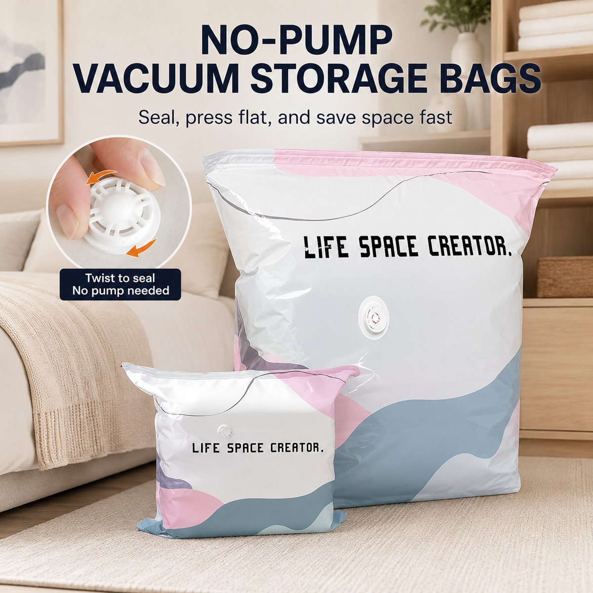 No-pump compression storage bags for clothing comforters and bedding