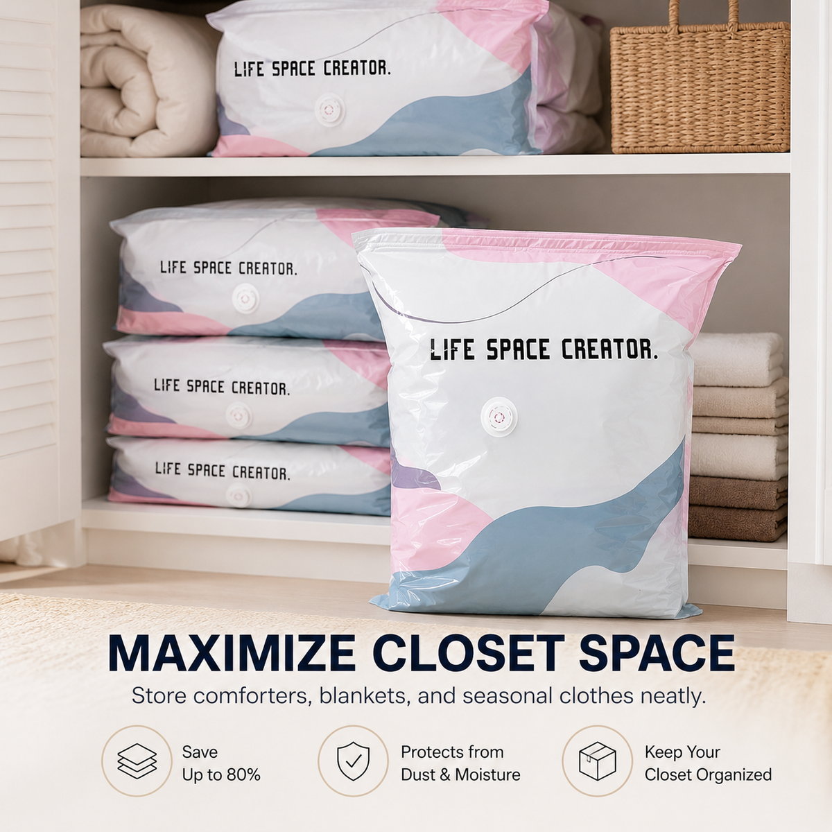 Closet shelves organized with compressed storage bags
