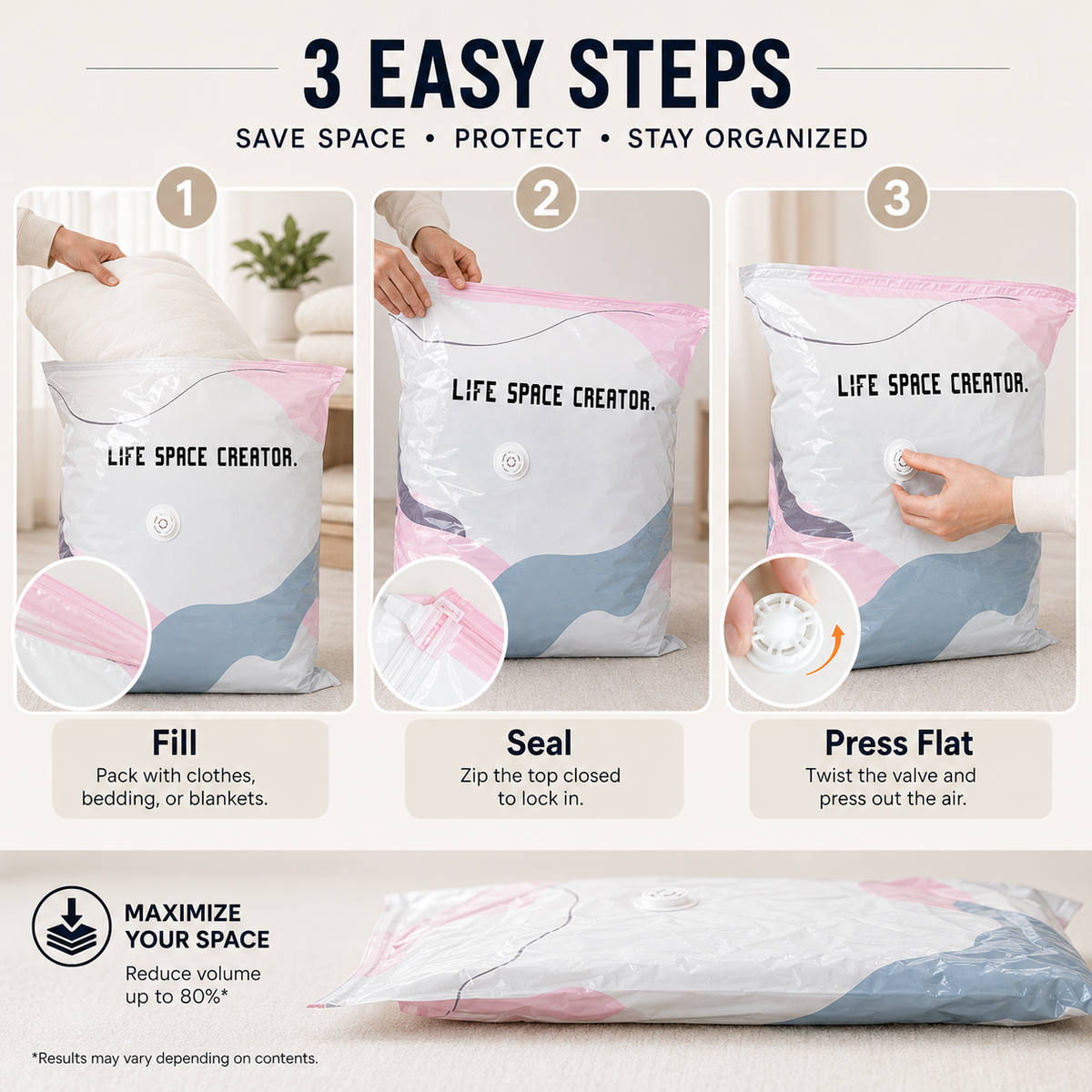 Three-step instructions for filling sealing and compressing the storage bag
