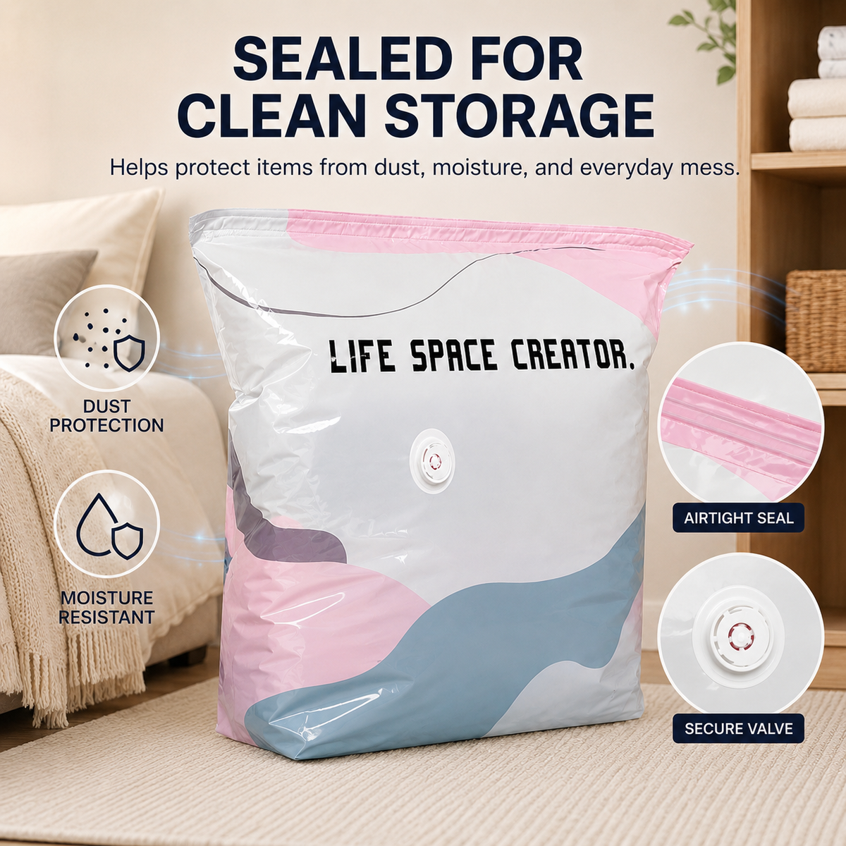 Sealed storage bag showing zipper valve and protection from dust and moisture