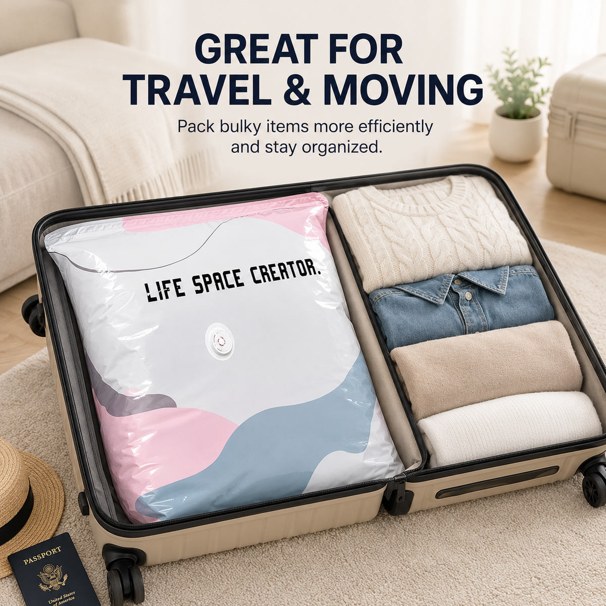 Compressed storage bag packed inside a suitcase for travel