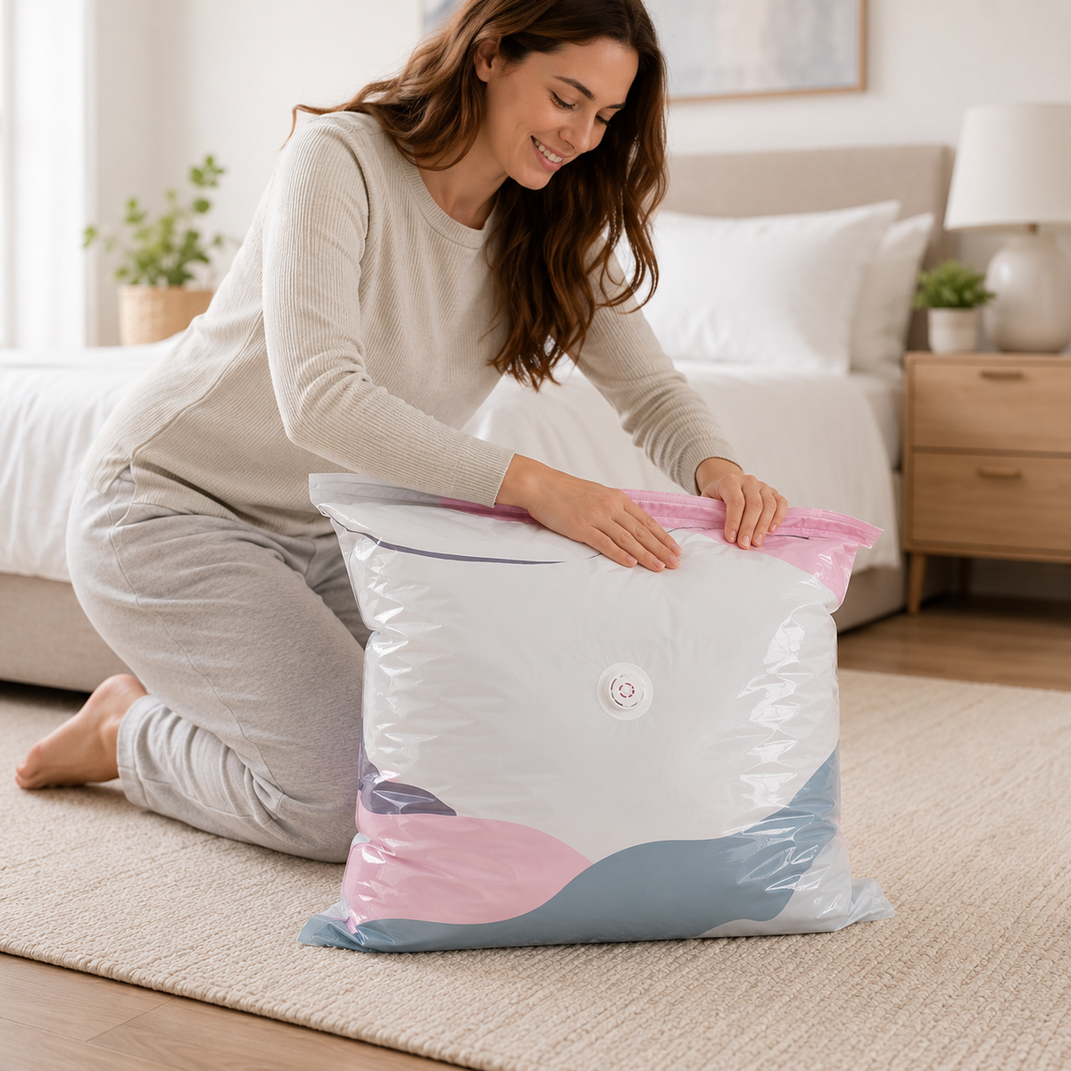 Woman closing a no-pump compression storage bag