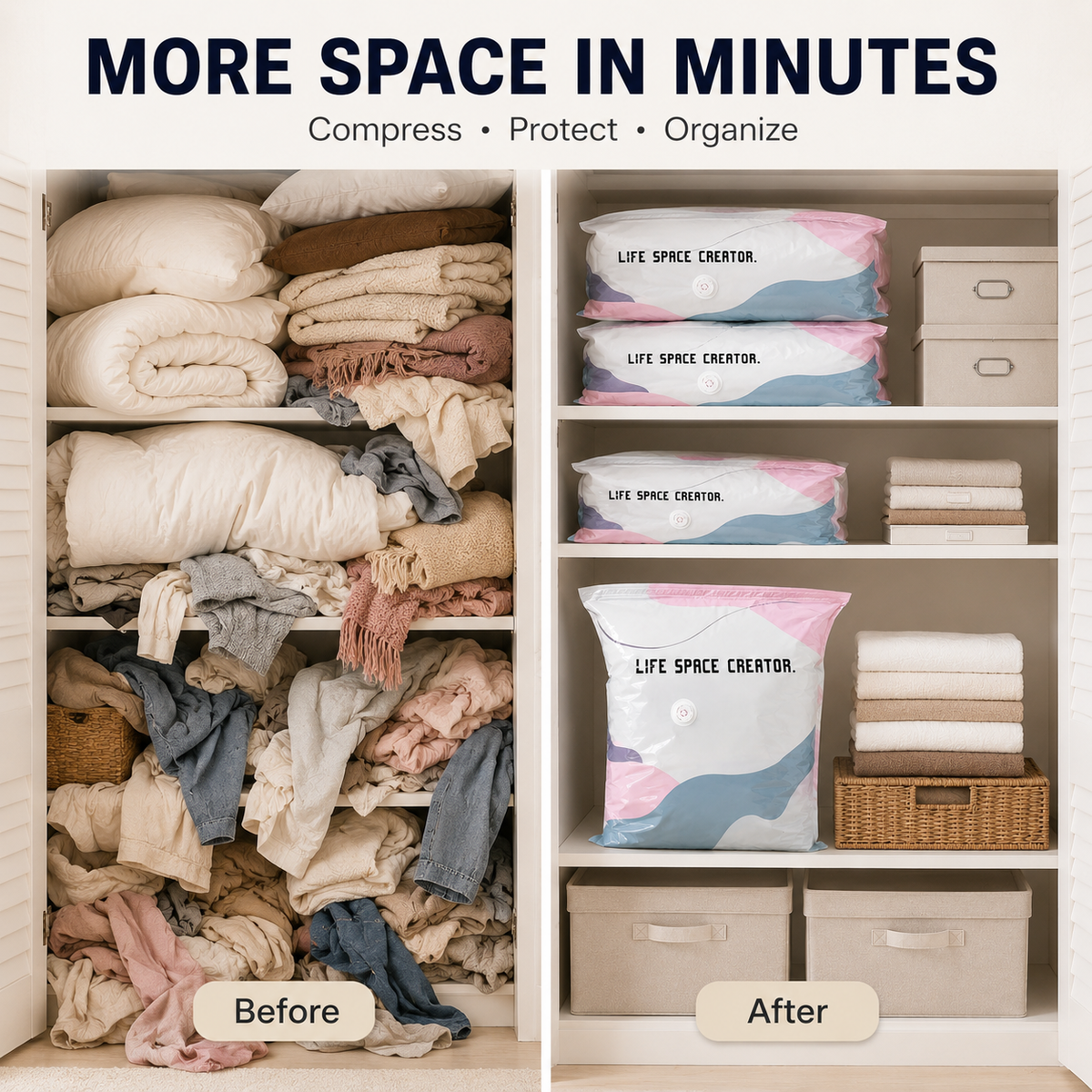 Before and after closet organization using compression storage bags