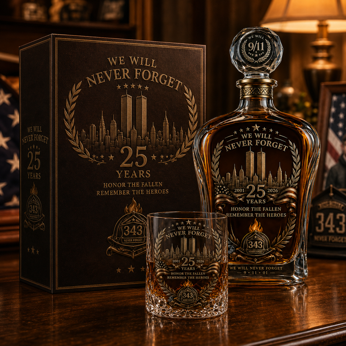 9/11 25th Anniversary memorial decanter and glass tribute set