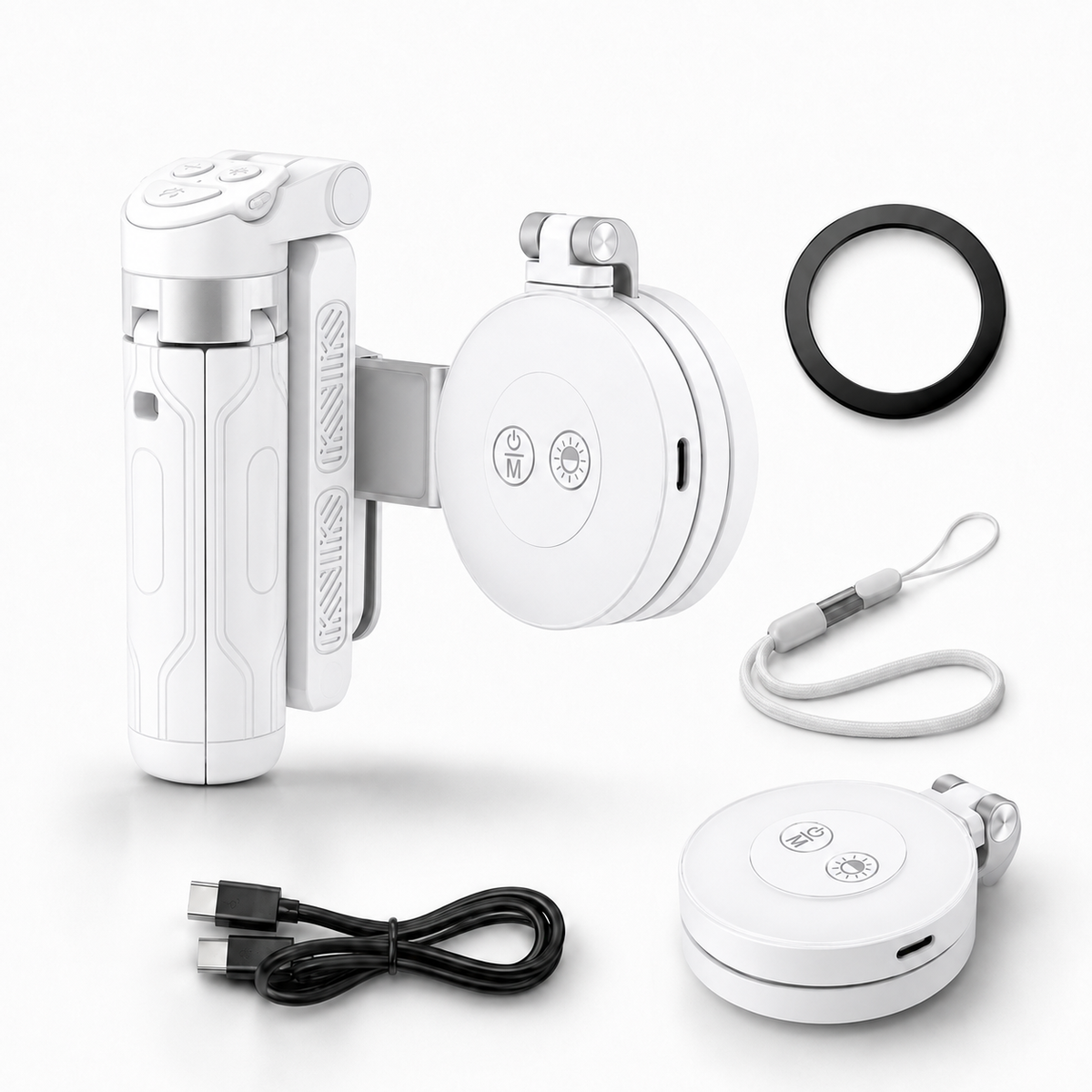Magnetic phone camera grip with extendable selfie stick and fold-out tripod