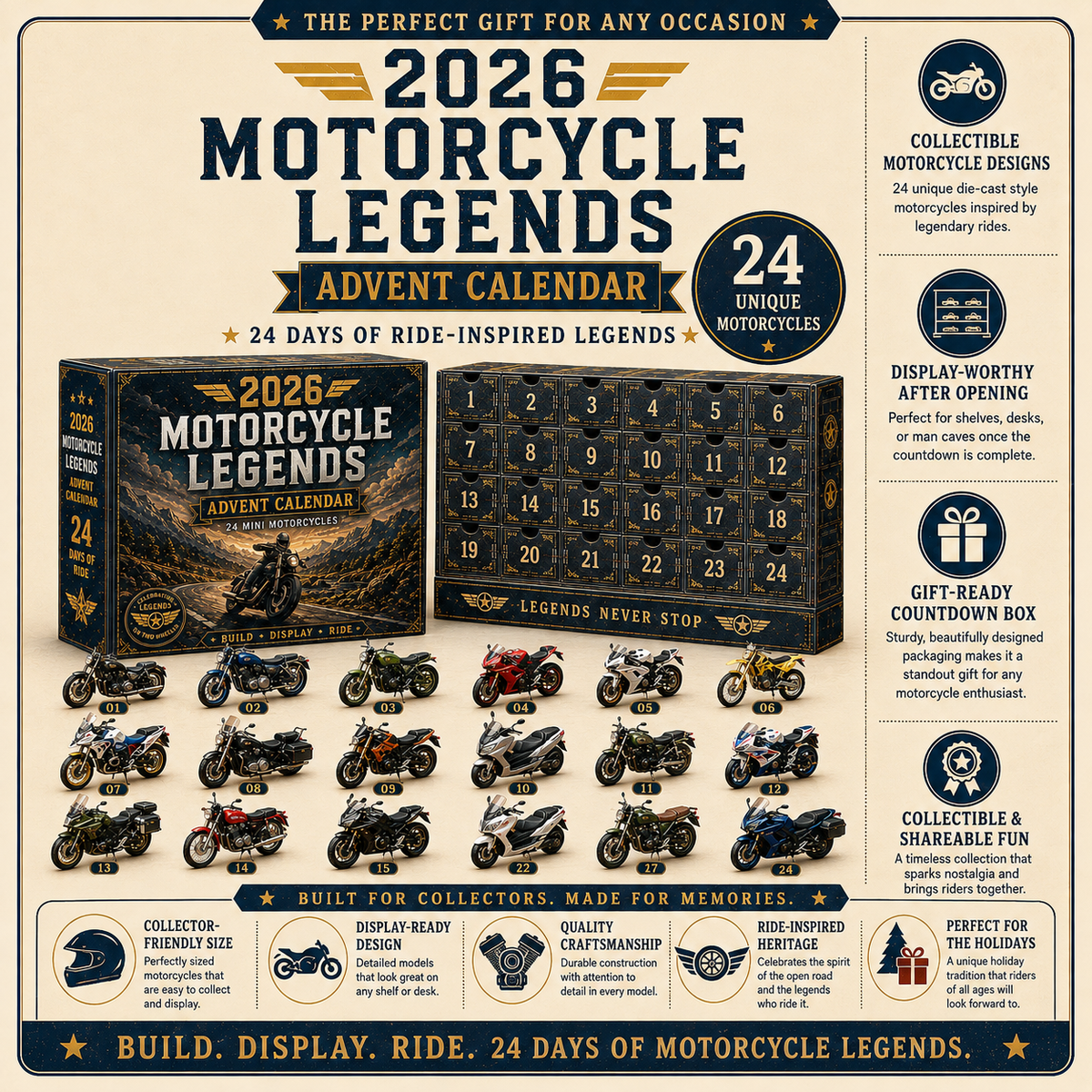 🎁 2026 Motorcycle Legends Advent Calendar – 24 Days, 24 Mini Motorcycles, 24 Legendary Rides