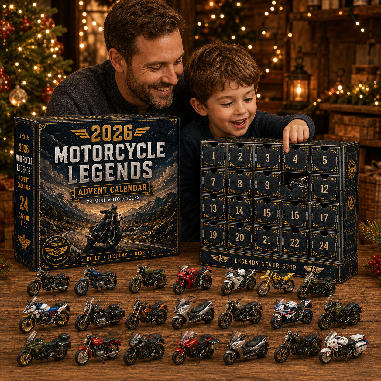 Parent and child enjoying Motorcycle Legends advent calendar beside Christmas tree
