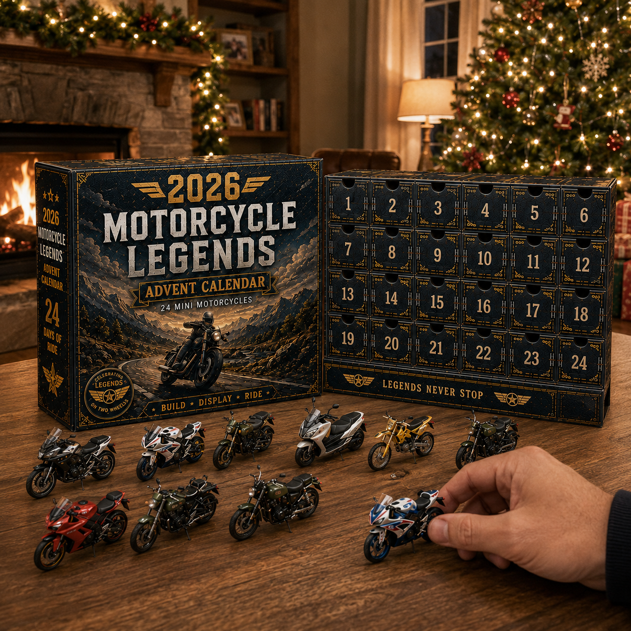 Assorted miniature motorcycle styles displayed beside 2026 Motorcycle Legends advent calendar