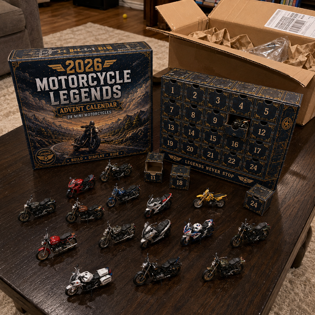 Motorcycle Legends advent calendar box with numbered drawers and mini motorcycles being unpacked