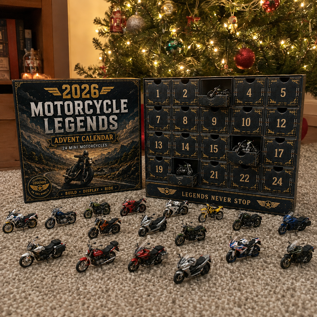 Mini motorcycle collection displayed in front of completed advent calendar