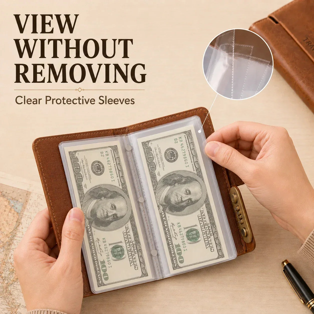 Clear sleeves displaying banknotes inside collection booklet